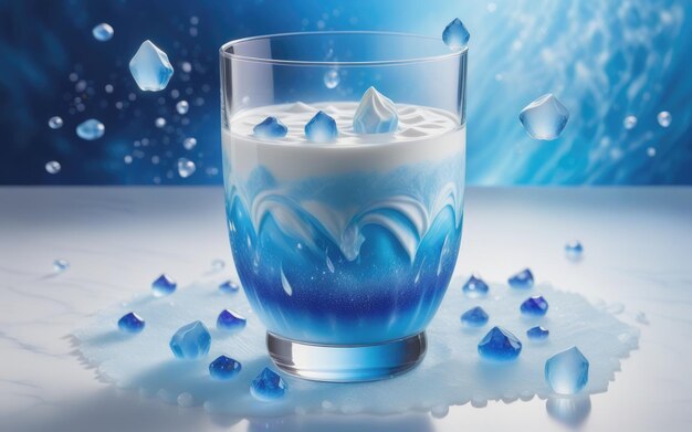 Een bevroren glas onthult de etherische schoonheid van magische blauwe kristallen melk.