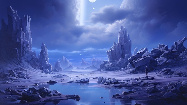 Een bevroren meer met een volle maan in de lucht.