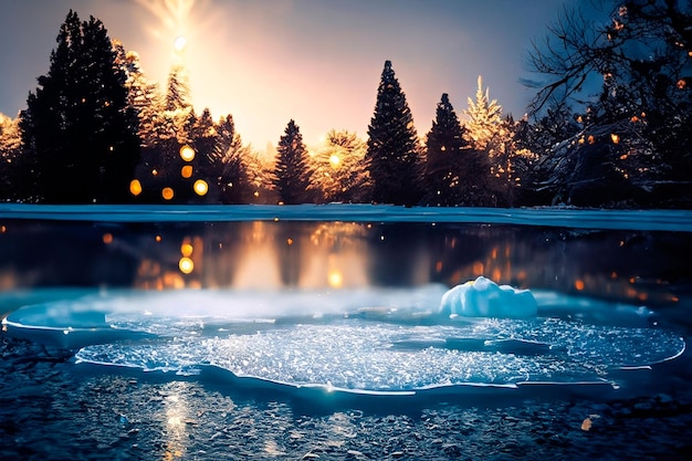 Een bevroren meer met kerstverlichting op de bomen op de achtergrond in een kerstwinter
