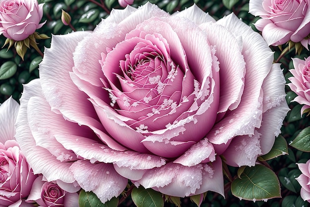 Een bevroren roze roos verborgen in struik met ijskristallen