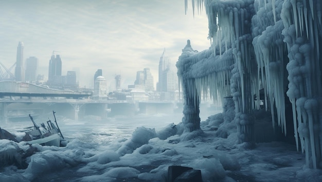 Een bevroren stad met ijzige structuren op de achtergrond van een met sneeuw bedekte stad met een brug en wolkenkrabbers