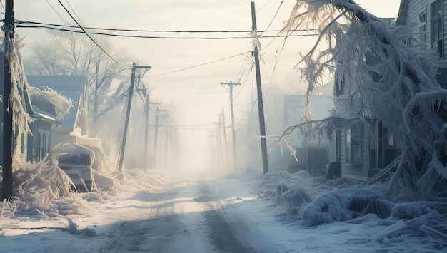 Een bevroren straat met bevroren bomen en huizen doorboord door zonnestralen door de mist Het concept van een wintermorgen en vorst