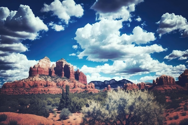 Een bewolkte blauwe hemel boven de rode rotsbergen van Sedona Arizonas