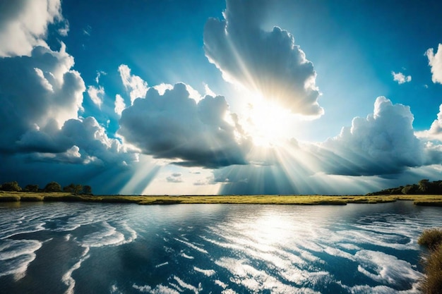 een bewolkte hemel met de zon die door de wolken schijnt