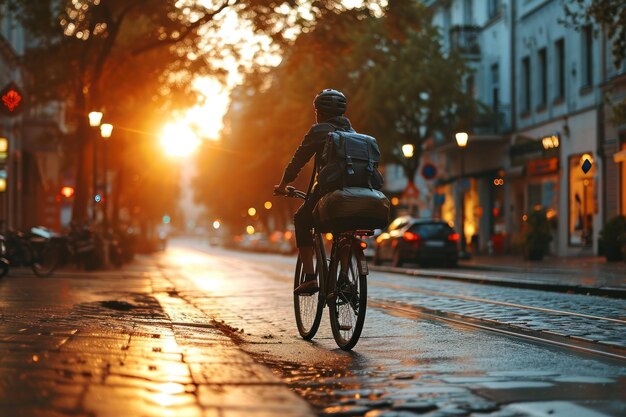 Een bezorger fietst door de stad