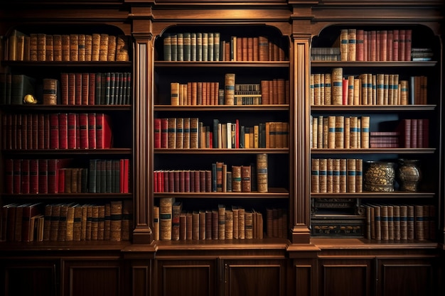 Een bibliotheek met boeken op de planken en rechtsonder de woordbibliotheek.
