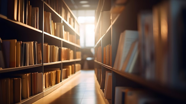 Een bibliotheek met boekenplanken en een licht dat op de muur schijnt