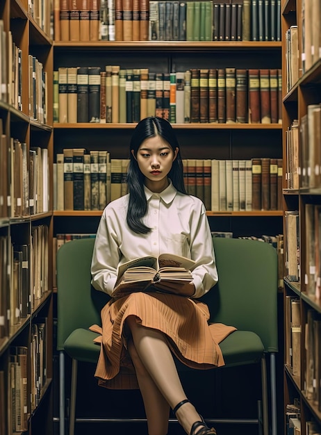 een bibliotheek met een boek bij een Aziatisch meisje in de stijl van gelijkmatig geplaatste beelden