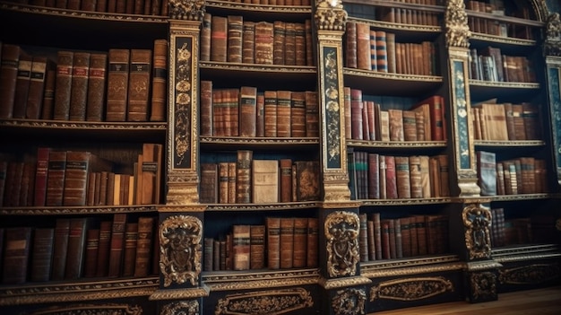 Een bibliotheek met een boekenplank met veel boeken erop.