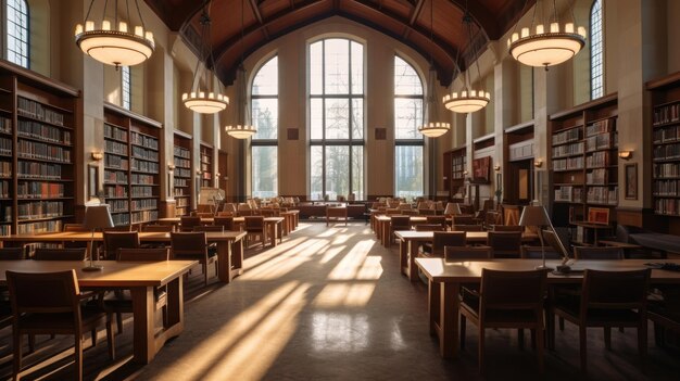 Foto een bibliotheek met een groot raam met het woord 