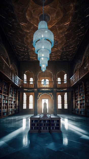 Een bibliotheek met een kroonluchter die aan het plafond hangt
