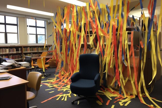 Foto een bibliotheek met een stoel en een hoop papier op de vloer