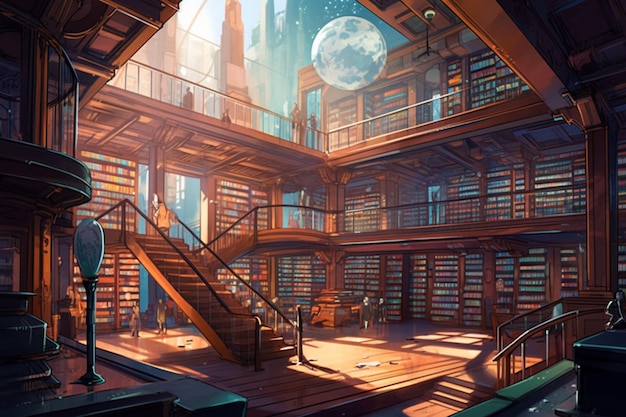 Een bibliotheek met een wereldbol erop