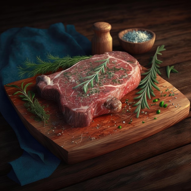 Een biefstuk met een takje rozemarijn en kruiden erop op een houten bord. rauw vlees. ai gegenereerd