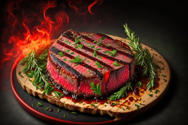 een biefstuk op een grill met een takje rozemarijn erop en een zwarte achtergrond