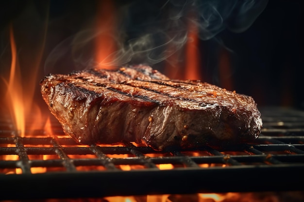 Een biefstuk op een grill met een vlam op de achtergrond