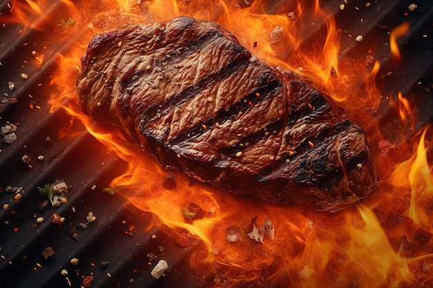 Een biefstuk op een grill met vlammen op de achtergrond