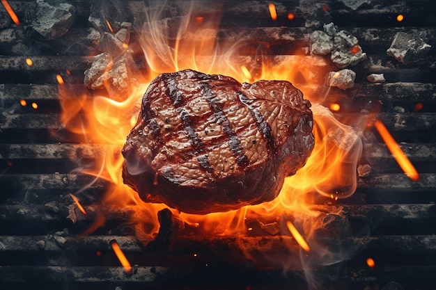 Een biefstuk op een grill met vlammen op de achtergrond