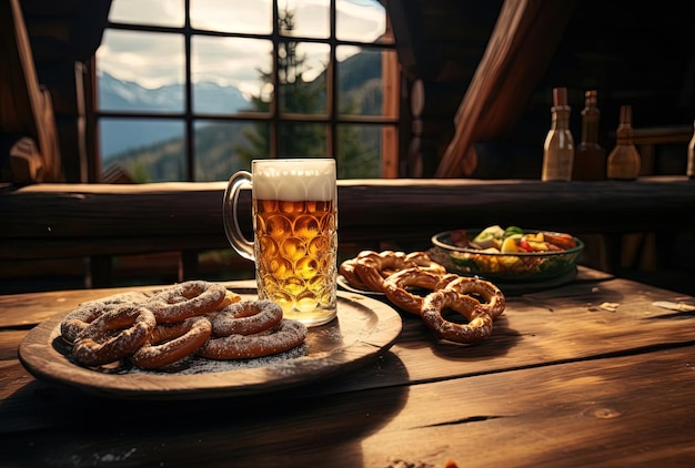 een bier drinkende pretzel zit bovenop een tafel