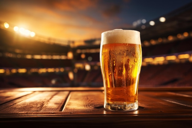 een bierglas op een houten tafel naast een voetbalstadion