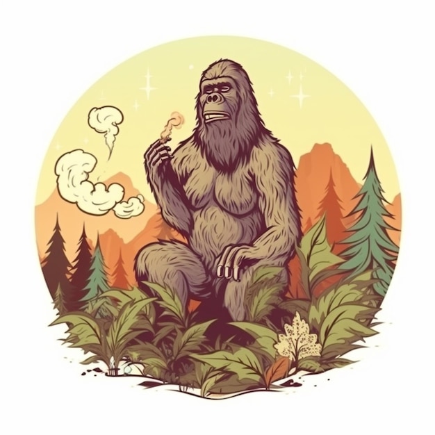 Foto een bigfoot zit in het gras met een sigaret in zijn hand generatieve ai