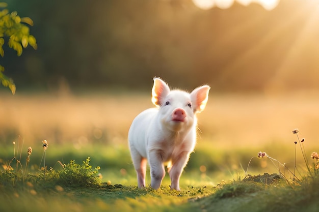 Een biggetje loopt in een veld