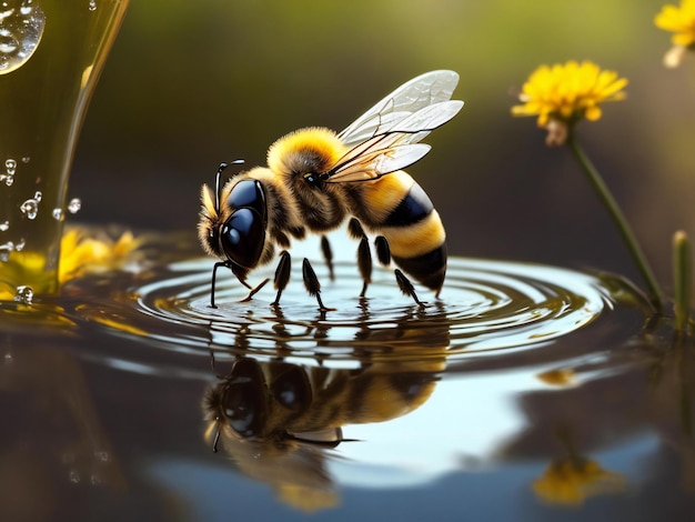 Een bij drinkt water in een plas die is gegenereerd