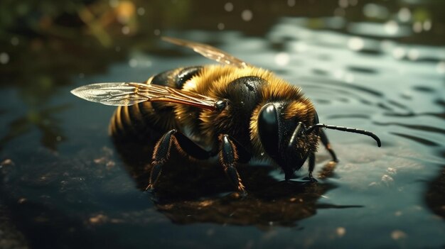 Een bij drinkt water in een plas generatieve ai