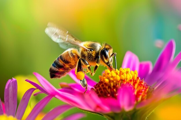 Een bij is op een bloem die roze is.