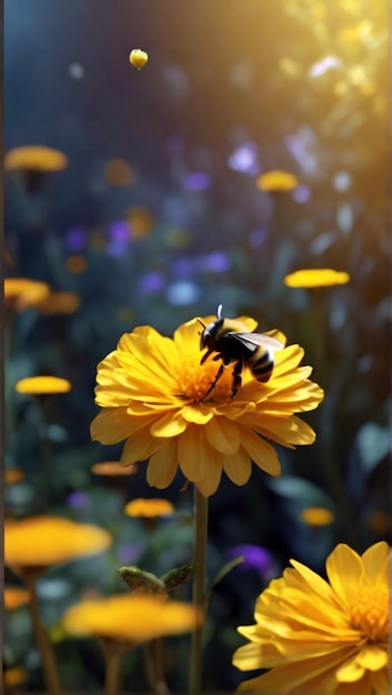 een bij is op een gele bloem met de woorden bij erop