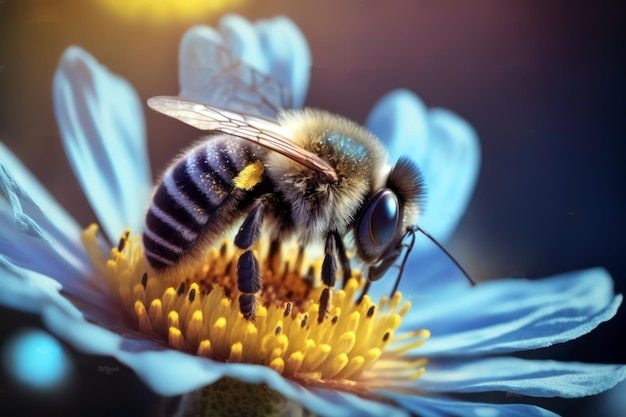 Een bij op een bloem met een blauwe bloem op de achtergrond