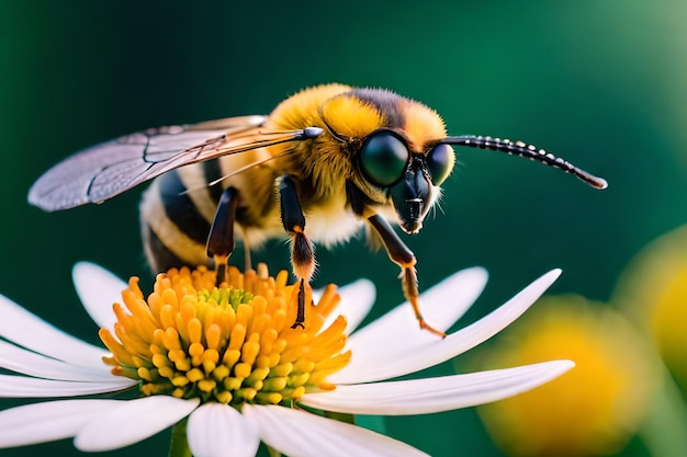 Een bij op een bloem met een groene achtergrond