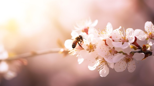 Een bij op een bloem met een roze achtergrond