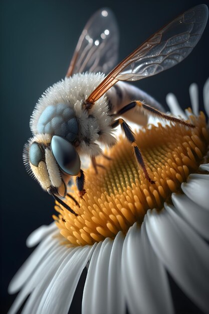 Een bij op een bloem met een zwarte achtergrond