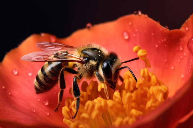 Een bij op een bloem met waterdruppeltjes erop