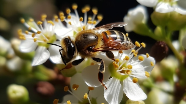 Een bij op een witte bloem met aan de bovenkant een gele streep.