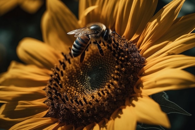 Een bij op een zonnebloem met het woord bij erop