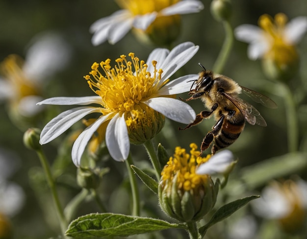 een bij vliegt rond een bloem met een bij erop