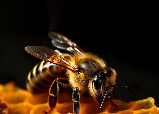 Een bij zit op een gele bloem met een zwarte achtergrond.