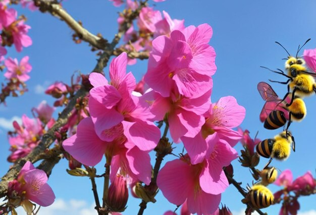 Een bij zit op een roze bloem met een bij erop