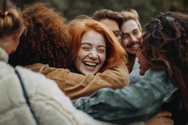 Een bijeenkomst van meerdere vrouwen die elkaar gelukkig omhelzen in een vertoning van genegenheid en steun Vrienden die elkaar omhelzen en lachen tijdens een reünie gegenereerd door AI