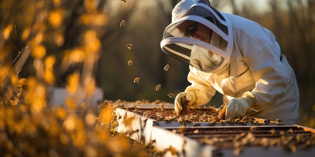 Een bijenhouder in een beschermend pak verzamelt honing Bee eco farm natuurlijke honing Generatieve AI