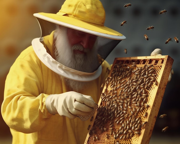 Een bijenhouder in een gele hoed en geel jasje houdt een bijenkorf vast met bijen die eromheen vliegen.