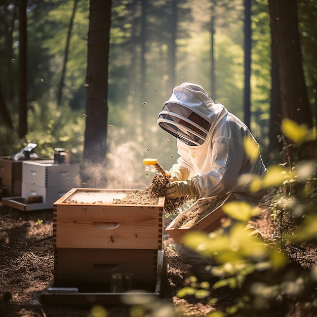 een bijenhouder in een speciaal pak voor bacteriologische bescherming werkt met bijenkorven.