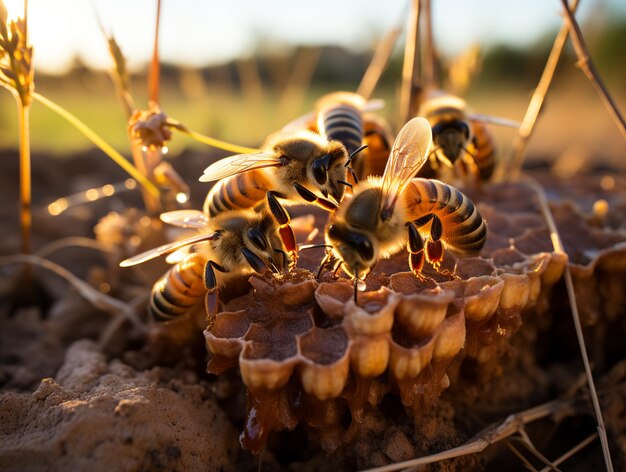 Een bijenkolonie die rond een bijenkorf zwermt en samen honing produceert