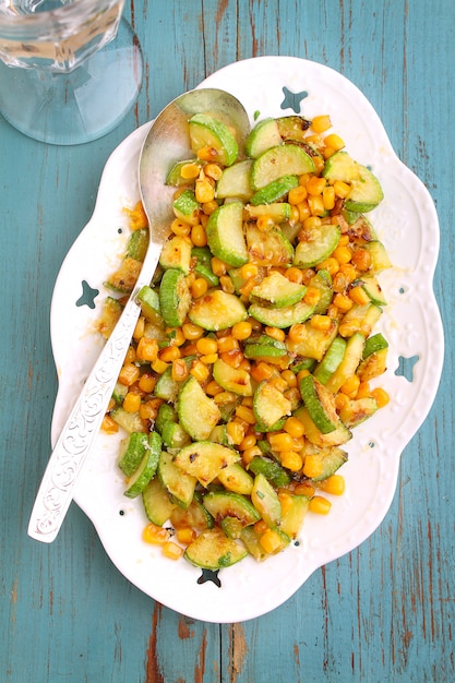 Een bijgerecht van courgette met maïs en kaas