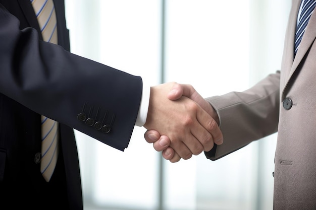 Een bijgesneden afbeelding van twee zakenlieden die elkaar de hand schudden, gemaakt met generatieve AI