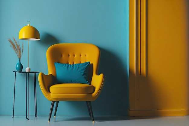 Een binnenruimte met een gele fauteuil is modern Achtergrond van een blauwe en gele muur