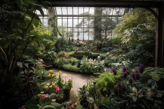 Een binnentuin met verschillende planten en bloemen in bloei gemaakt met generatieve ai