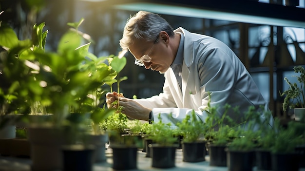 Een bioloog die plantenmonsters onderzoekt